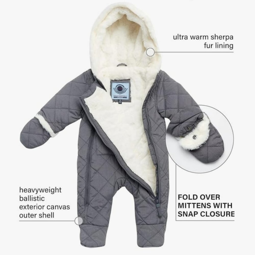 URBAN REPUBLIC Baby Boys’ Pram Snowsuit – Quilted Fleece Lined Bodysuit